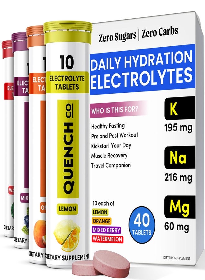 Quench Electrolyte Tablets 40 Count Instant Hydration, Electrolytes, Fasting Electrolytes No Sugar for Optimal Hydration Support Not Powder - Watermelon, Orange, Mixed Berry, Lemon Flavors - Image 1
